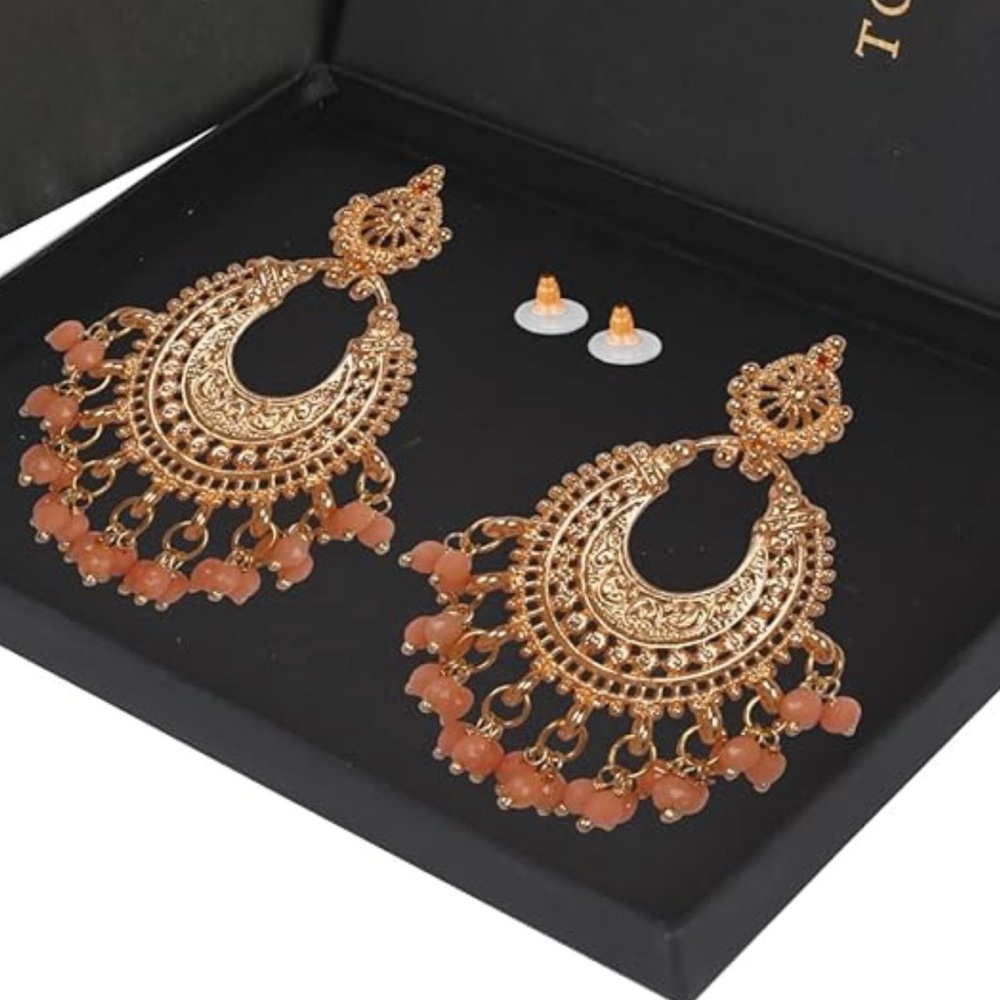 Bollywood Inspired Touchstone Statement Gold Plated Chandelier Earrings - Picture 6 of 6
